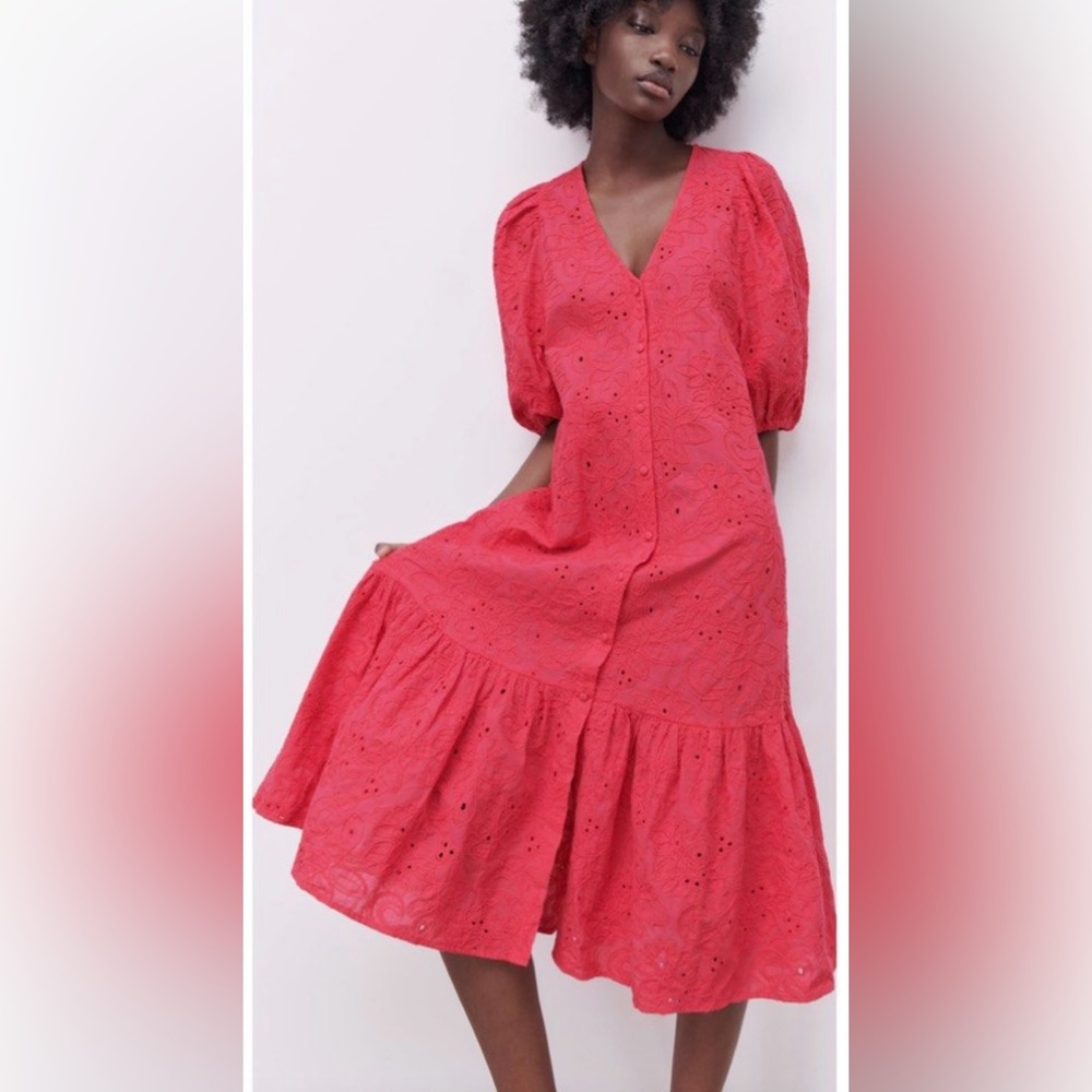 Zara pink embroidered eyelet midi dress